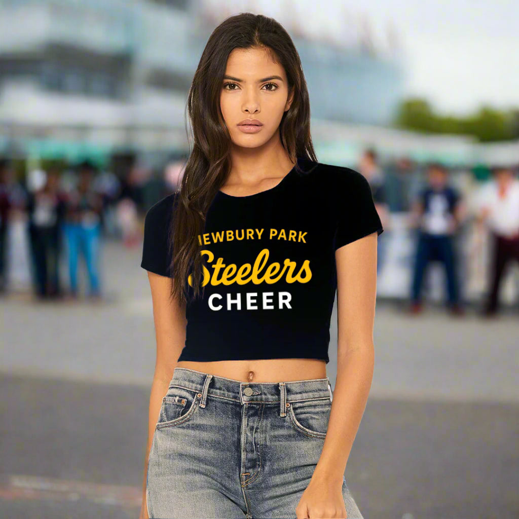 Woman wearing a black t-shirt with 'Newbury Park Steelers Cheer' text on a white background