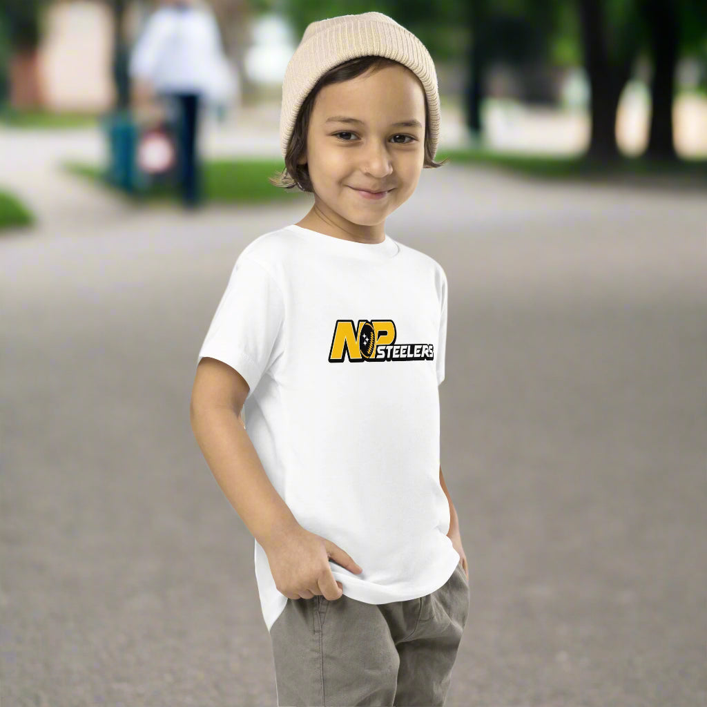 Child wearing a white t-shirt with a logo on a white background