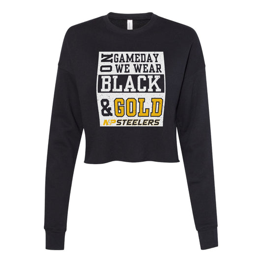 NP Game Day Black & Gold Women's Crop Fleece Crewneck Sweatshirt 7503